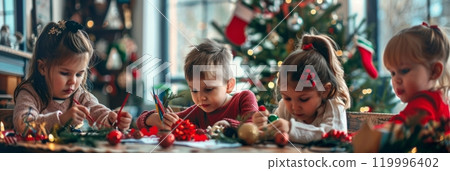 A joyful group of children making DIY Christmas ornaments, surrounded by craft materials in a cheerful atmosphere, banner 119996402