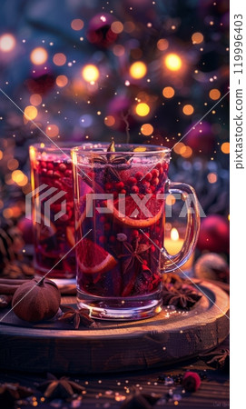 Glasses of steaming mulled wine sit on a wooden table decorated with pine branches, baubles, and delicate snowflakes for a warm and festive holiday setting 119996403