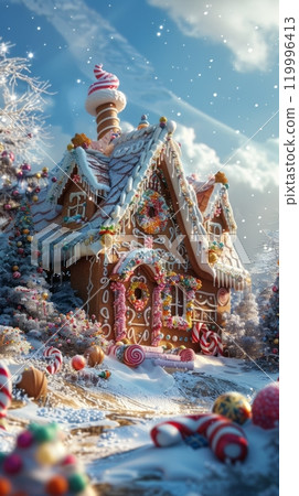 This elaborate gingerbread house sits in a winter wonderland, with colorful candy canes, gumdrops, and chocolate roof tiles, surrounded by snow and holiday lights This elaborate gingerbread house sits in a winter wonderland, with colorful candy canes, gumdrops, and chocolate roof tiles, surrounded by snow and holiday lights 119996413