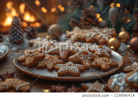 A festive plate of star-shaped Christmas cookies, decorated with colorful icing and sprinkles, is set on a table adorned with holiday ornaments, with a cozy fireplace glowing in the background 119996414