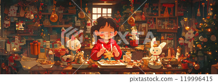 In a cozy kitchen decorated for Christmas, a mother and her daughter bond while rolling out dough and cutting gingerbread cookies, capturing a heartwarming holiday moment, banner In a cozy kitchen decorated for Christmas, a mother and her daughter bond while rolling out dough and cutting gingerbread cookies, capturing a heartwarming holiday moment, banner 119996415