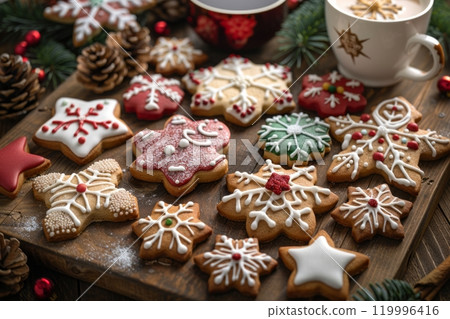 A festive plate of Christmas cookies shaped like stars, trees, and gingerbread men, adorned with colorful icing and sprinkles, sits on a table with holiday ornaments 119996416
