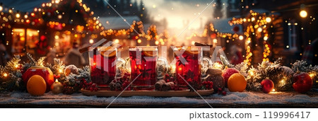 A cozy Christmas scene featuring several glasses of mulled wine, surrounded by pine branches, colorful baubles, and snowflakes on a rustic wooden table A cozy Christmas scene featuring several glasses of mulled wine, surrounded by pine branches, colorful baubles, and snowflakes on a rustic wooden table 119996417