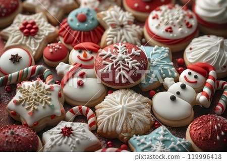 A close-up of a variety of beautifully decorated Christmas cookies, including snowflakes, candy canes, and snowmen, featuring detailed frosting and sparkling edible glitter A close-up of a variety of beautifully decorated Christmas cookies, including snowflakes, candy canes, and snowmen, featuring detailed frosting and sparkling edible glitter 119996418