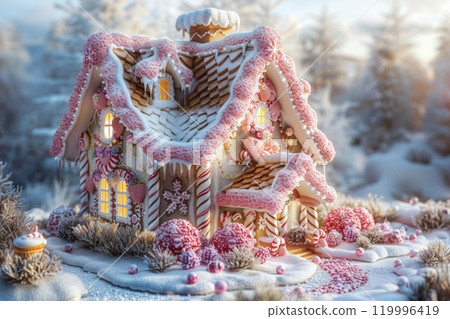 A detailed Christmas gingerbread house adorned with icing, candy canes, gumdrops, and chocolate roof tiles, set in a snowy landscape filled with festive decorations 119996419