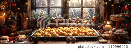 A delightful kitchen scene with a tray of Christmas cookies on a cooling rack, surrounded by cookie cutters, baking ingredients, and holiday decor for a festive touch, banner A delightful kitchen scene with a tray of Christmas cookies on a cooling rack, surrounded by cookie cutters, baking ingredients, and holiday decor for a festive touch, banner 119996420