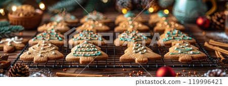 A delightful kitchen scene with a tray of Christmas cookies on a cooling rack, surrounded by cookie cutters, baking ingredients, and holiday decor for a festive touch, banner 119996421