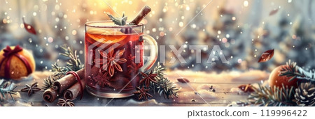 A festive illustration of Christmas mulled wine, detailed with a cinnamon stick, orange slice, and evergreen sprig, surrounded by holiday decor and winter nature scenery, banner A festive illustration of Christmas mulled wine, detailed with a cinnamon stick, orange slice, and evergreen sprig, surrounded by holiday decor and winter nature scenery, banner 119996422