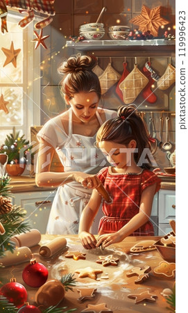 Mother and daughter are joyfully baking gingerbread cookies with festive cookie cutters in a cozy, Christmas-decorated kitchen filled with warmth and cheer Mother and daughter are joyfully baking gingerbread cookies with festive cookie cutters in a cozy, Christmas-decorated kitchen filled with warmth and cheer 119996423