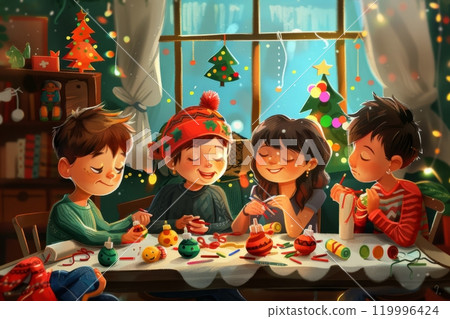 A group of children joyfully sits at a table covered with craft supplies, making handmade Christmas ornaments in a festive and creative environment A group of children joyfully sits at a table covered with craft supplies, making handmade Christmas ornaments in a festive and creative environment 119996424