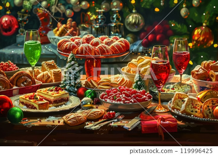 A festive Christmas party scene showcasing a buffet table filled with an array of holiday treats, desserts, and decorations, creating a joyful atmosphere 119996425