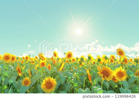 A vibrant field of sunflowers stands tall under a clear sky, radiating warmth and positivity, symbolizing optimism and the beauty of nature 119996426