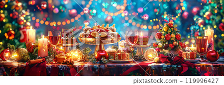 A vibrant Christmas party scene featuring a festive buffet table brimming with holiday treats, inviting friends and family to enjoy the seasonal celebration, banner 119996427