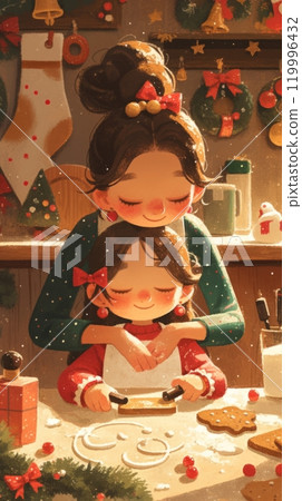 Mother and daughter are joyfully baking gingerbread cookies with festive cookie cutters in a cozy, Christmas-decorated kitchen filled with warmth and cheer 119996432