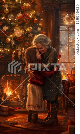 By the cozy fireplace, a loving hug between grandmother and granddaughter is framed by a festive Christmas tree, creating a heartwarming holiday scene 119996439