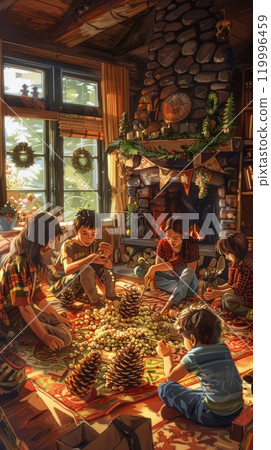 In a charming holiday scene, kids craft handmade ornaments, painting pine cones and creating popcorn garlands in a cozy, decorated Christmas living room 119996459