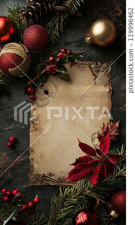 The Christmas card, nestled among natural pine cones and holly, sits on a rustic wooden surface, with a steaming cup of cocoa nearby, creating a warm holiday atmosphere 119996462