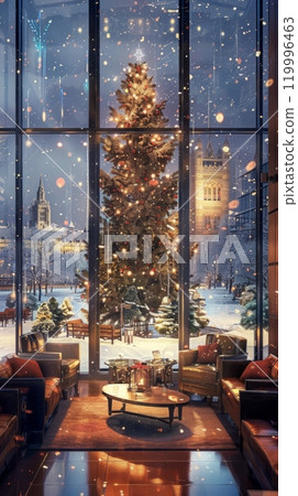 Contemporary hotel lobby adorned with festive decorations, full-wall windows framing snowfall over London streets and a grand Christmas tree 119996463