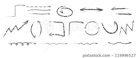 Curved arrows drawn with a brush in grunge style. Curved and wavy brush strokes , chalk, pencil. Directional arrows, chalk arrow set. Vector doodle illustration 119996527