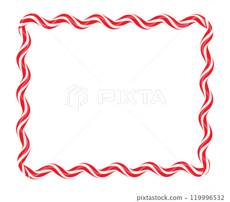 Christmas twisted lollipops. Rectangular wavy frame with red and white stripe. Christmas and New Year template for holiday cards, banner,flyer . Festive Christmas frame. Vector illustration Christmas twisted lollipops. Rectangular wavy frame with red and white stripe. Christmas and New Year template for holiday cards, banner,flyer . Festive Christmas frame. Vector illustration 119996532