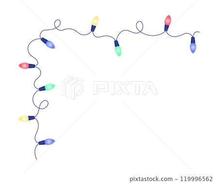 Glowing holiday garland with colorful multicolored bulbs. Festive, Christmas decoration. Vector divider frame for background , banner. 119996562
