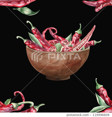 Seamless pattern of wooden plate with peppers. Watercolor illustration on black background of hot peppers for packaging design, kitchen accessories, textiles and clothes 119996609