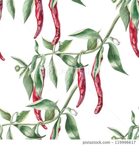 Seamless pattern, of pepper branches. Watercolor illustration on a white background of hot peppers for packaging design, kitchen accessories, textiles and clothing 119996617