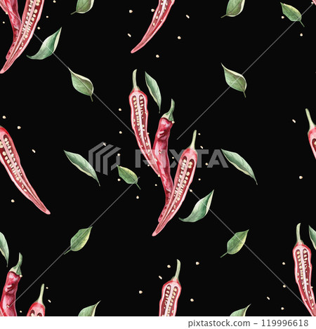 Seamless pattern, of cut peppers. Watercolor illustration on a black background of hot peppers for packaging design, kitchenware, textiles and clothing 119996618
