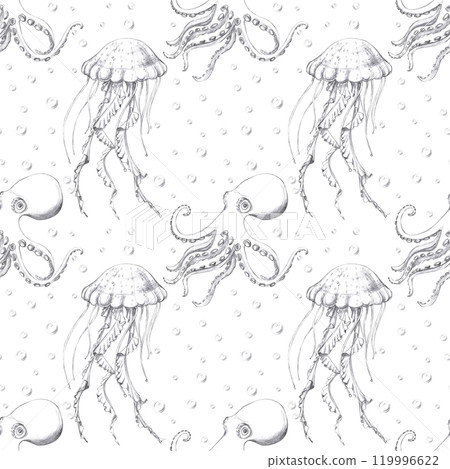 Seamless pattern with jellyfish and octopus on white background. Pencil graphic illustration for seafood restaurant design, packaging printing, printing, holiday decoration in marine style 119996622