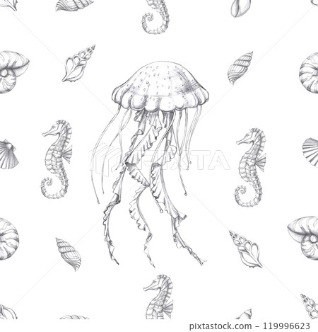 Seamless pattern with jellyfish and seahorse on white background. Pencil graphic illustration for seafood restaurant design, packaging printing, printing, holiday decoration in marine style 119996623