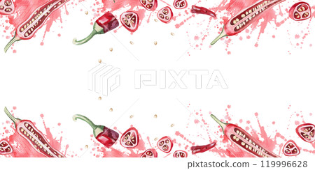 Rectangular frame with sliced pepper pieces and seeds. Hand drawn isolated watercolor vegetable illustration for tableware design, posters, cookbook illustration, tablecloth print Rectangular frame with sliced pepper pieces and seeds. Hand drawn isolated watercolor vegetable illustration for tableware design, posters, cookbook illustration, tablecloth print 119996628