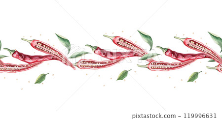 Seamless border with peppers sliced lengthwise. Hand drawn isolated watercolor illustration of vegetables for tableware design, posters, cookbook illustration, tablecloth print Seamless border with peppers sliced lengthwise. Hand drawn isolated watercolor illustration of vegetables for tableware design, posters, cookbook illustration, tablecloth print 119996631