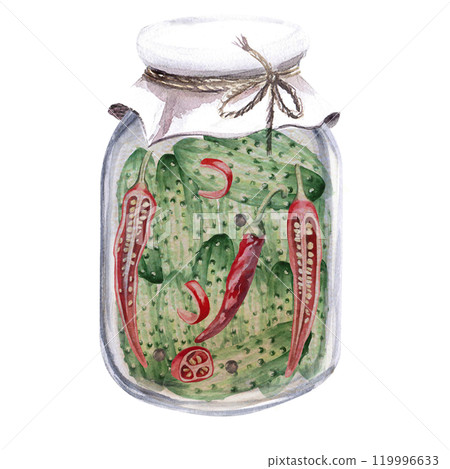 Jar of pickled cucumbers with hot peppers. Hand drawn isolated watercolor illustration of vegetables for tableware design, posters, cookbook illustration Jar of pickled cucumbers with hot peppers. Hand drawn isolated watercolor illustration of vegetables for tableware design, posters, cookbook illustration 119996633