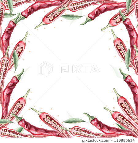 Square frame of sliced peppers. Hand drawn isolated watercolor illustration of vegetables for tableware design, posters, cookbook illustration, fabric and clothing printing Square frame of sliced peppers. Hand drawn isolated watercolor illustration of vegetables for tableware design, posters, cookbook illustration, fabric and clothing printing 119996634