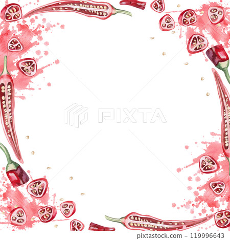 Square frame of sliced peppers in juicy splashes. Hand drawn isolated watercolor illustration of vegetables for tableware design, posters, cookbook illustration, fabric and clothing printing Square frame of sliced peppers in juicy splashes. Hand drawn isolated watercolor illustration of vegetables for tableware design, posters, cookbook illustration, fabric and clothing printing 119996643