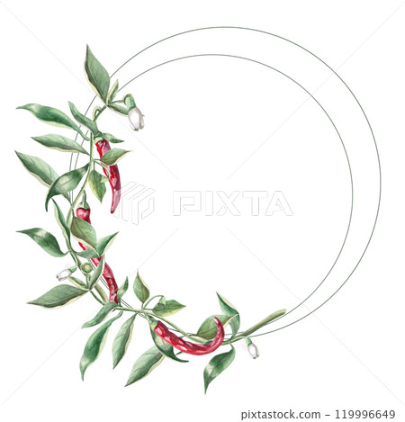 Round frame of branches with red peppers. Hand drawn isolated watercolor illustration of vegetables for tableware design, cookbook illustration, fabric and clothing printing Round frame of branches with red peppers. Hand drawn isolated watercolor illustration of vegetables for tableware design, cookbook illustration, fabric and clothing printing 119996649