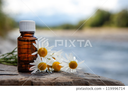 Amber Glass Bottle with Fresh Chamomile Flowers Outdoors 119996714