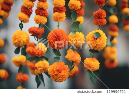 Marigold flowers garland background 119996731