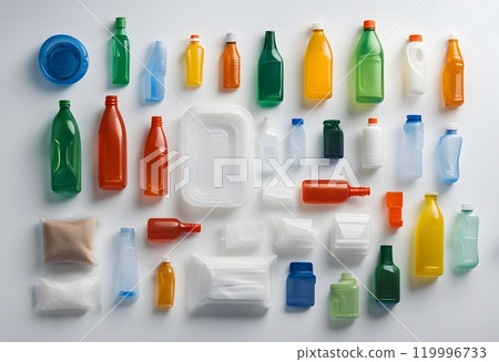 collection of various used waste crush plastic bottles on white background, each one is shot separately isolated clipping path on white background. 119996733