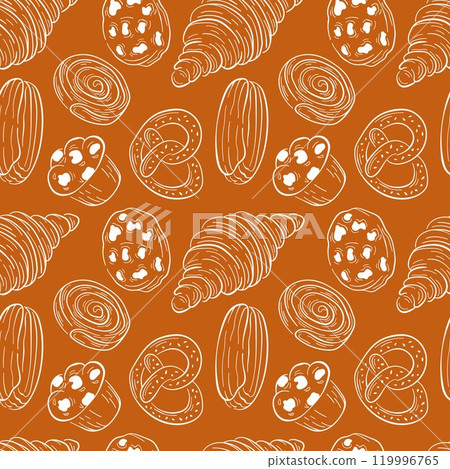 Seamless pattern of various bakery like croissant, pretzel, muffin, and pastry, line art design in white on a warm brown background. Ideal for food packaging, bakery branding and textile Seamless pattern of various bakery like croissant, pretzel, muffin, and pastry, line art design in white on a warm brown background. Ideal for food packaging, bakery branding and textile 119996765
