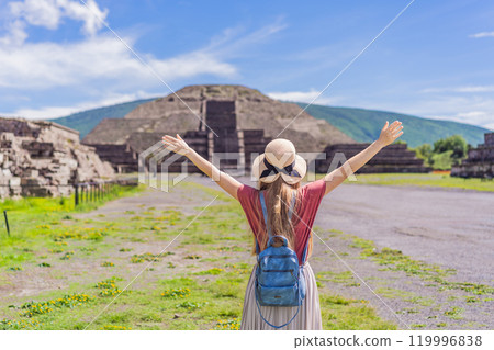 Female tourist exploring Teotihuacan, Mexico. Cultural heritage, ancient ruins, and archaeological adventure concept 119996838