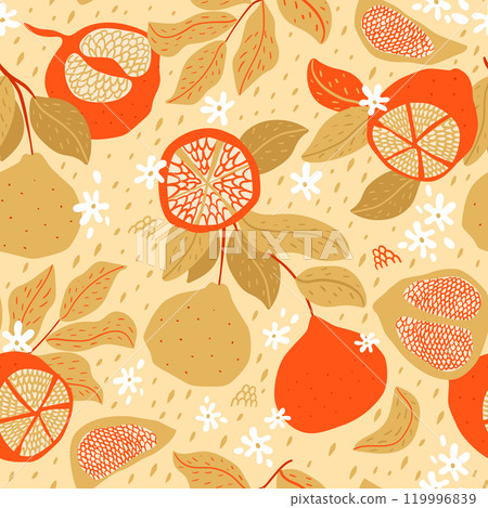 Grapefruit seamless pattern in red and golden colors. Tropical citrus design for paper. Vector botanical print 119996839