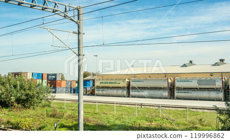 Container vagoons in export and import business and logistics. Aerial view. High quality photo 119996862