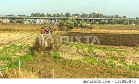 Agricultural fields with young green shoots of grain crops and plowed field without sowing. With trees in the background on the hills. Fallow concept. Alternation. High quality photo Agricultural fields with young green shoots of grain crops and plowed field without sowing. With trees in the background on the hills. Fallow concept. Alternation. High quality photo 119996870