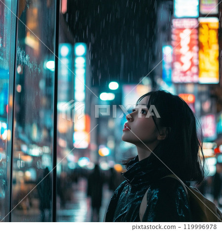 A quiet moment as a woman watches the rain fall on a night city 119996978