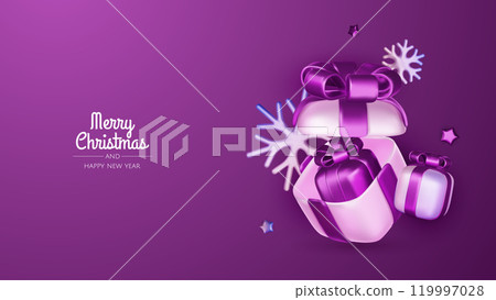 Merry christmas greeting card vector poster. Christmas elegant invitation template with xmas balls, xmas tree and snowflakes. Vector illustration holiday season greeting Merry christmas greeting card vector poster. Christmas elegant invitation template with xmas balls, xmas tree and snowflakes. Vector illustration holiday season greeting 119997028