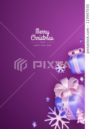 Merry christmas greeting card vector poster. Christmas elegant invitation template with xmas balls, xmas tree and snowflakes. Vector illustration holiday season greeting 119997030