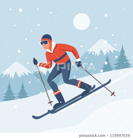 Male character on skis on mountain winter landscape background. Winter sport, outdoor sport activity. Flat illustration 119997039