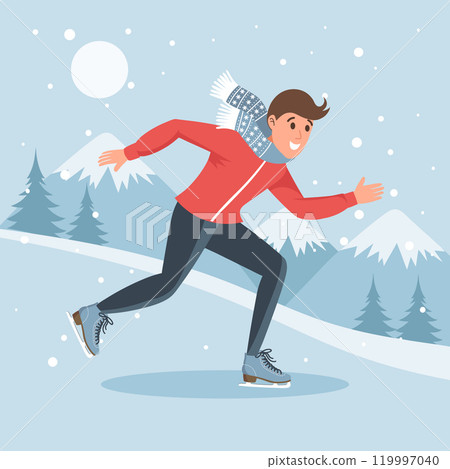 Male character skating on ice on winter landscape background. Winter sport, outdoor sport activity. Flat illustration Male character skating on ice on winter landscape background. Winter sport, outdoor sport activity. Flat illustration 119997040