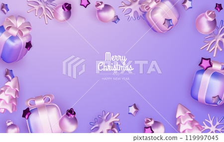 Happy New Year and Merry Christmas. Christmas holiday background with realistic 3d objects, violet and white bauble balls, conical metal stars, gift. Levitation falling design composition. Happy New Year and Merry Christmas. Christmas holiday background with realistic 3d objects, violet and white bauble balls, conical metal stars, gift. Levitation falling design composition. 119997045